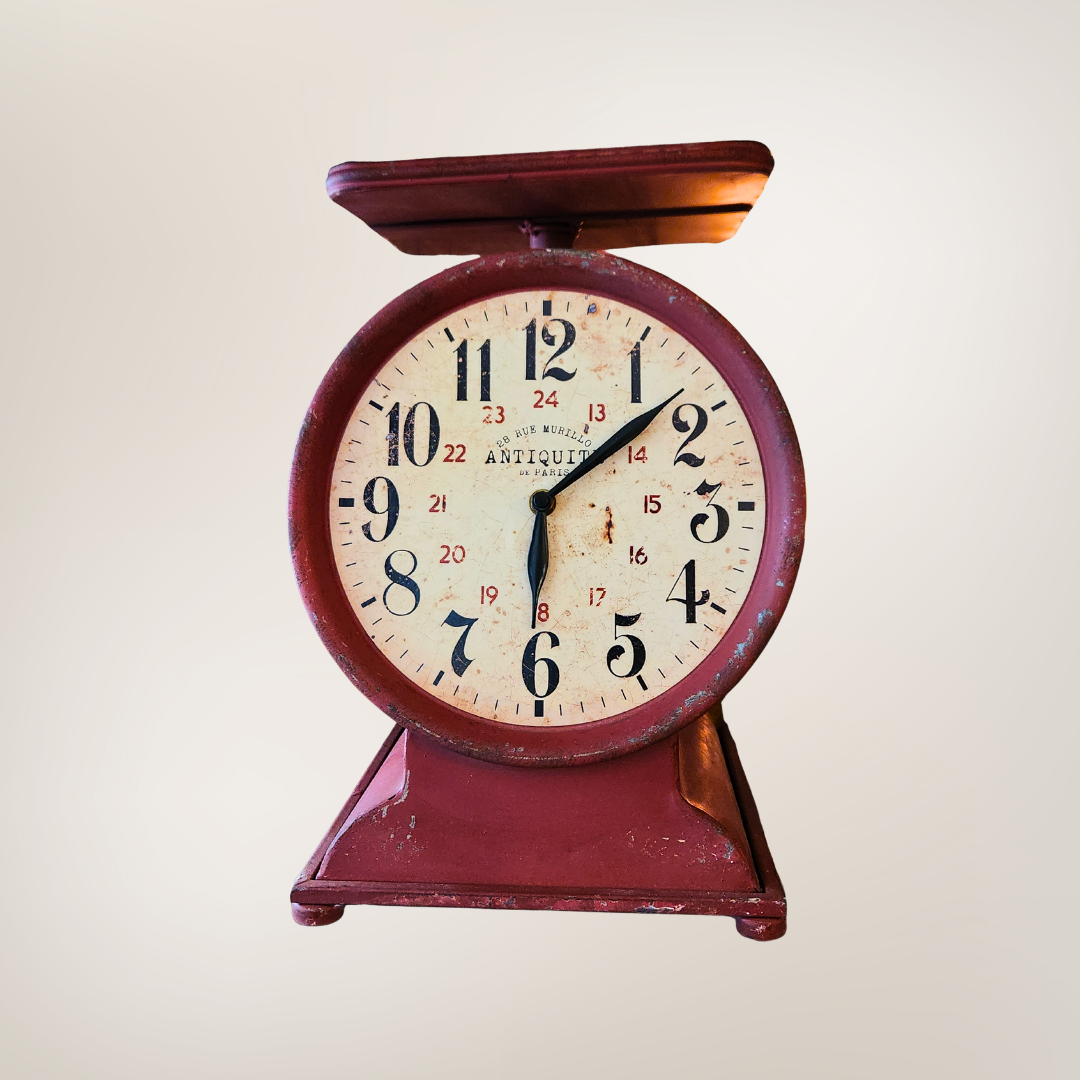 Retro Kitchen Scale Shaped Clock | Decorative Tabletop Timepiece in Red