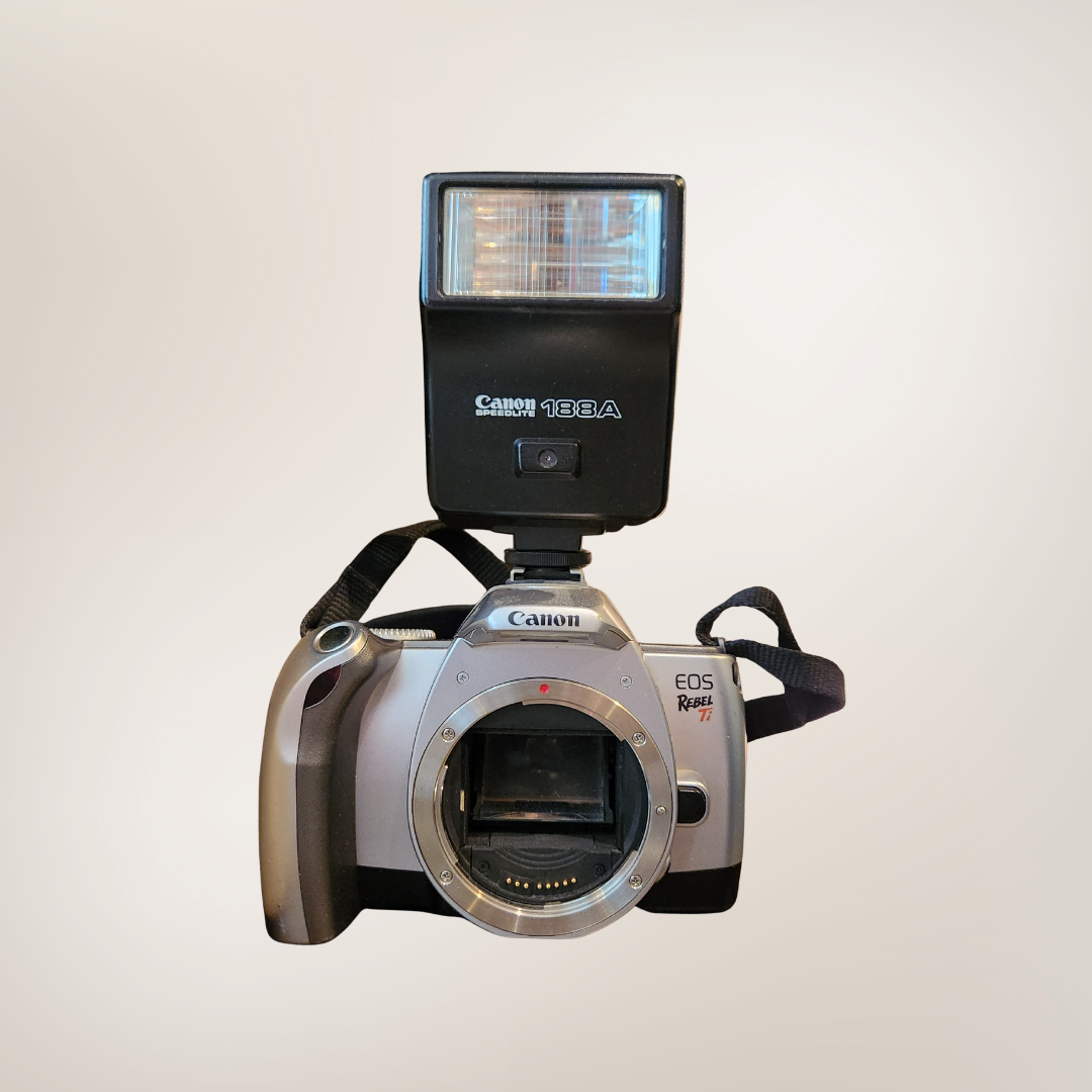 Vintage Canon EOS Rebel GII 35mm Film SLR Camera with Canon Speedlite 188A Flash & Strap
